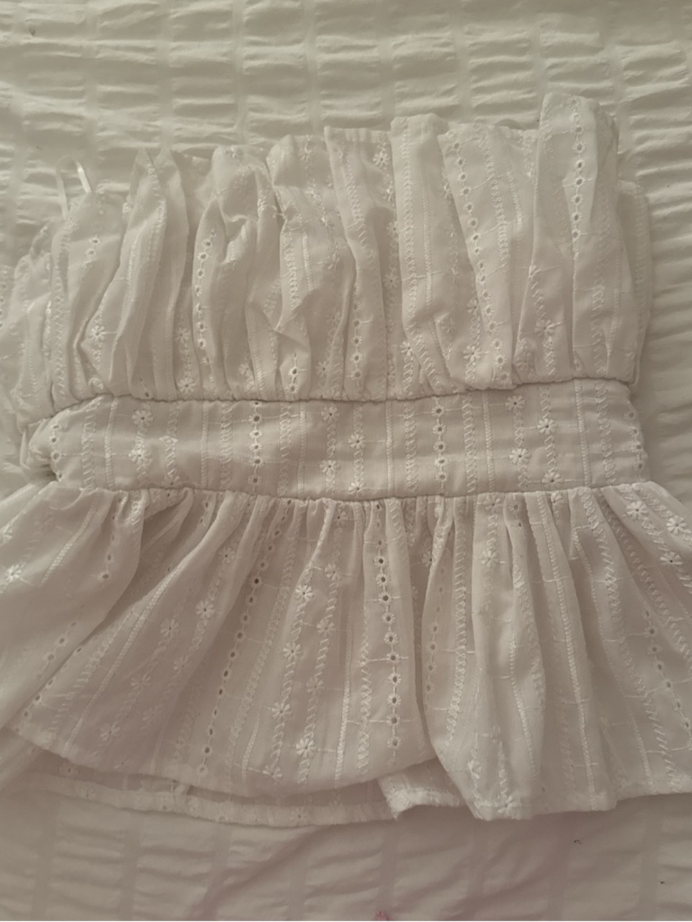 White Eyelet Strapless Peplum Top